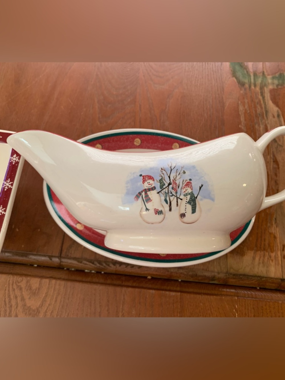 Vintage Royal Seasons Holiday Snowman Ceramic Gravy Boat and Dish Set - Red Tri - Picture 4 of 7